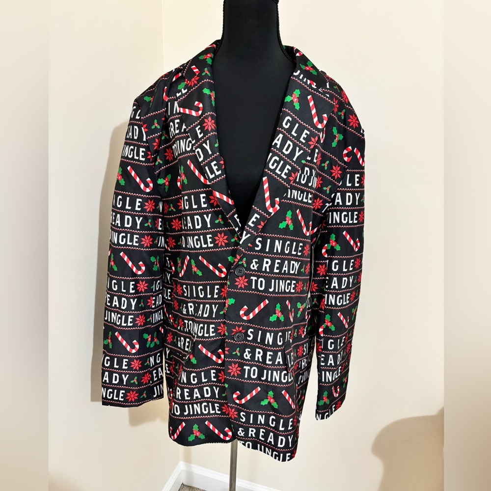 Festive Black Blazer with Holiday Print